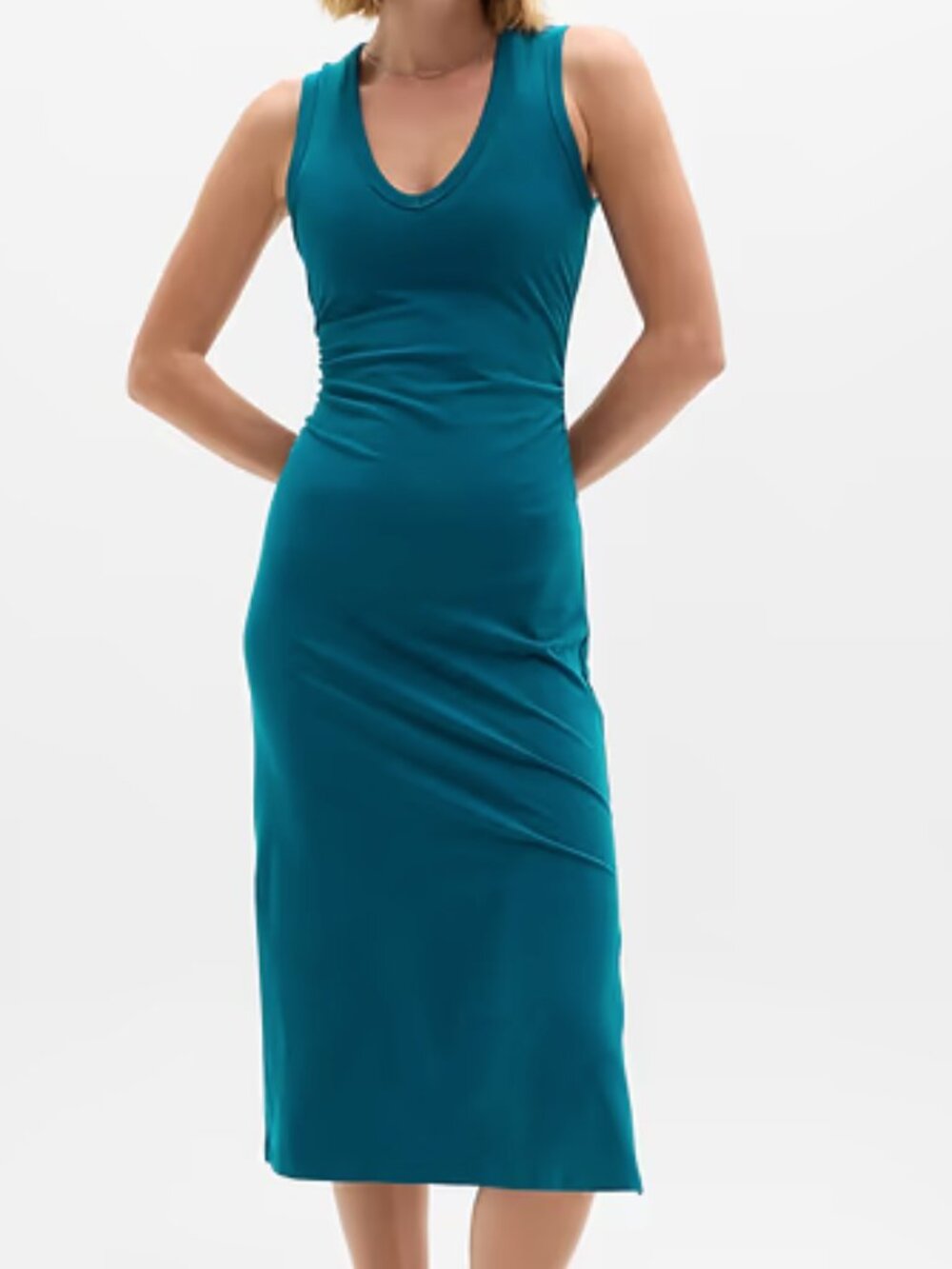 Athleta Essential V-Neck Teal Midi Dress Large